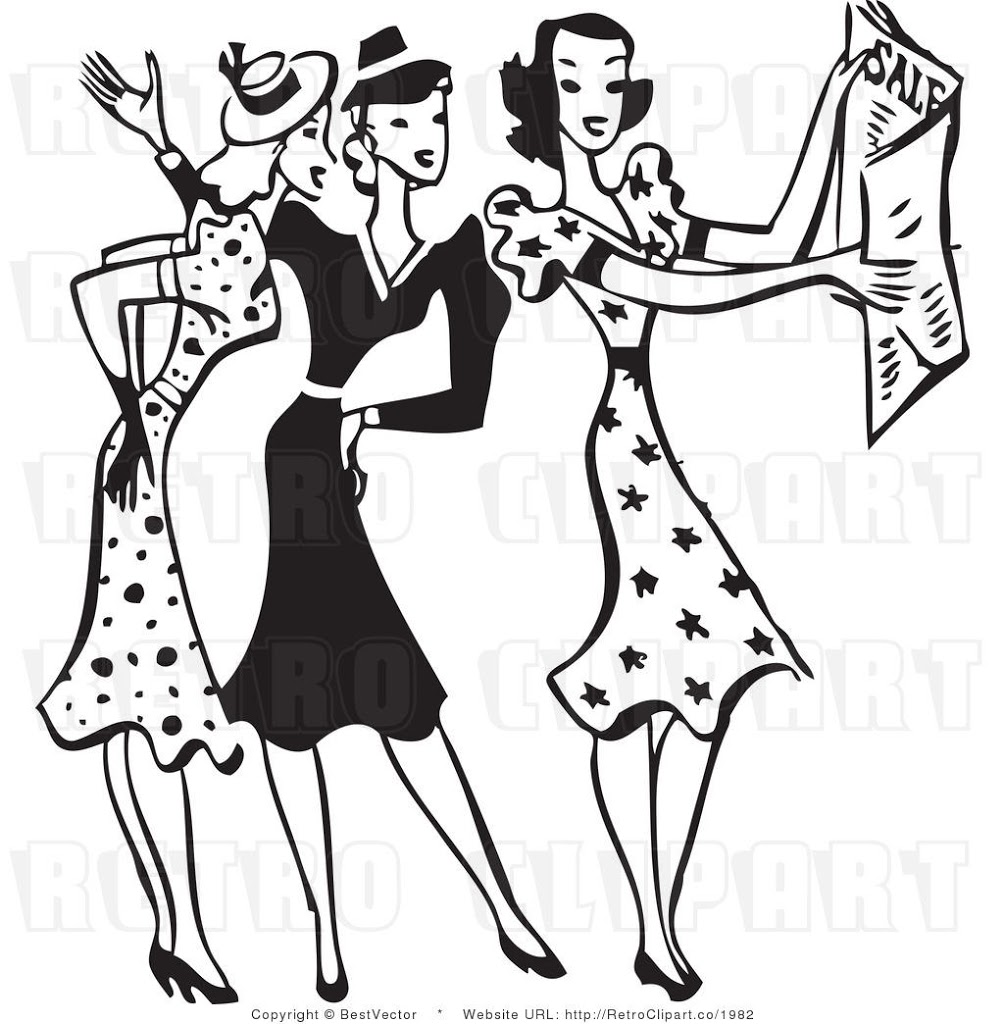 royalty-free-black-and-white-retro-vector-clip-art-of-a-group-of-young-women-talking-about-fashion-sale-ads-by-bestvector-1982